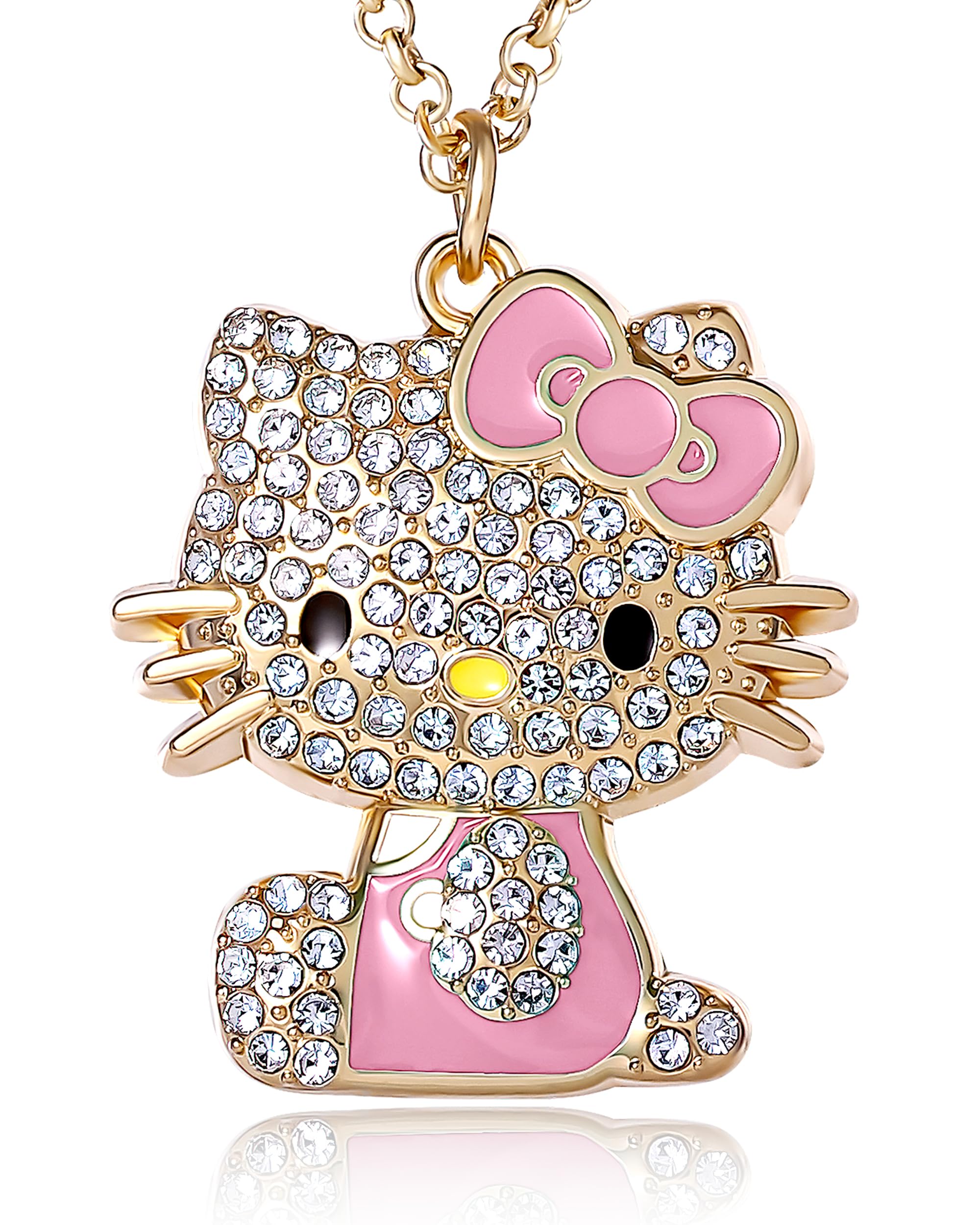 SALLY ROSE Hello Kitty Pink Enamel and Pave Crystal Pendant Necklace Official License, Gold-Tone 16+3 Hello Kitty Necklace, Sanrio Gifts