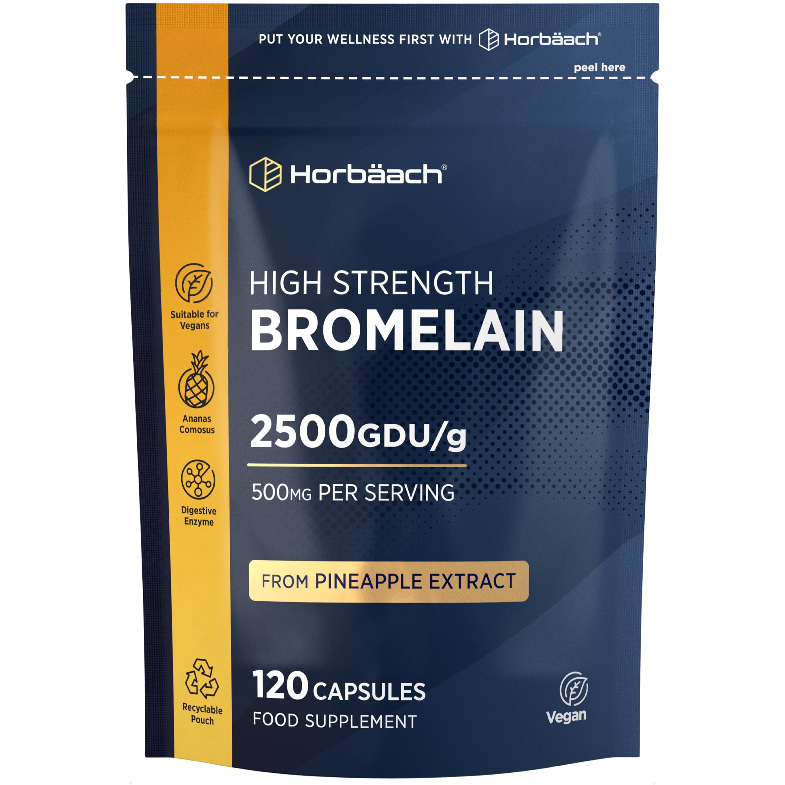 Bromelain Capsules 2500GDU/g | High Strength Digestive Enzyme Supplement from Pineapple Extract (Ananas Comosus) | 500mg | 120 Vegan Capsules | by Horbaach