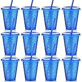 Havawish 12 Pcs Blue with Gold Ring Print Plastic Tumbler with Lid and Straw Cartoon Birthday Party Favors 16 oz Reusable Plastic Cups Video Game Themed Party Decorations