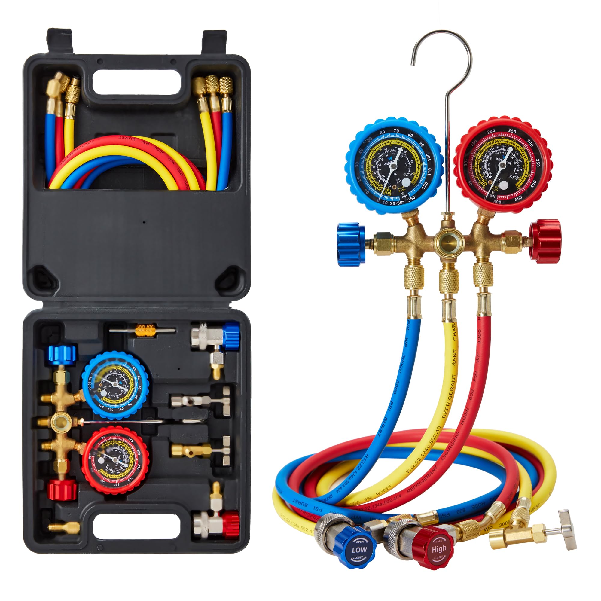 Photo 1 of WISSCOOL AC Gauges HVAC Manifold Gauge Set for R134 R22 R12 R502, with 5ft Hoses Couplers Adapters Puncturing Can Tap Tools for R134a Refrigerants Charging and Evacuation