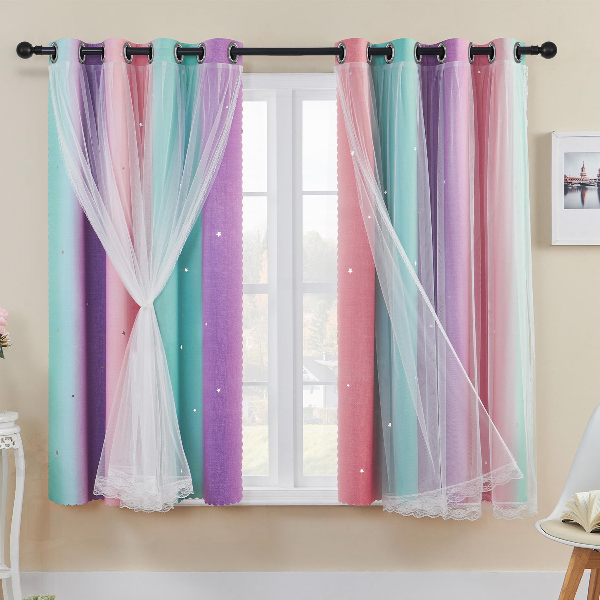 XiDi Rainbow Curtains for Bedroom Stars Decoration Thermal Insulated Net Green Curtains with Rings for Kids Girls Bedroom Window Treatment 52 x 63 Inch 2Pcs
