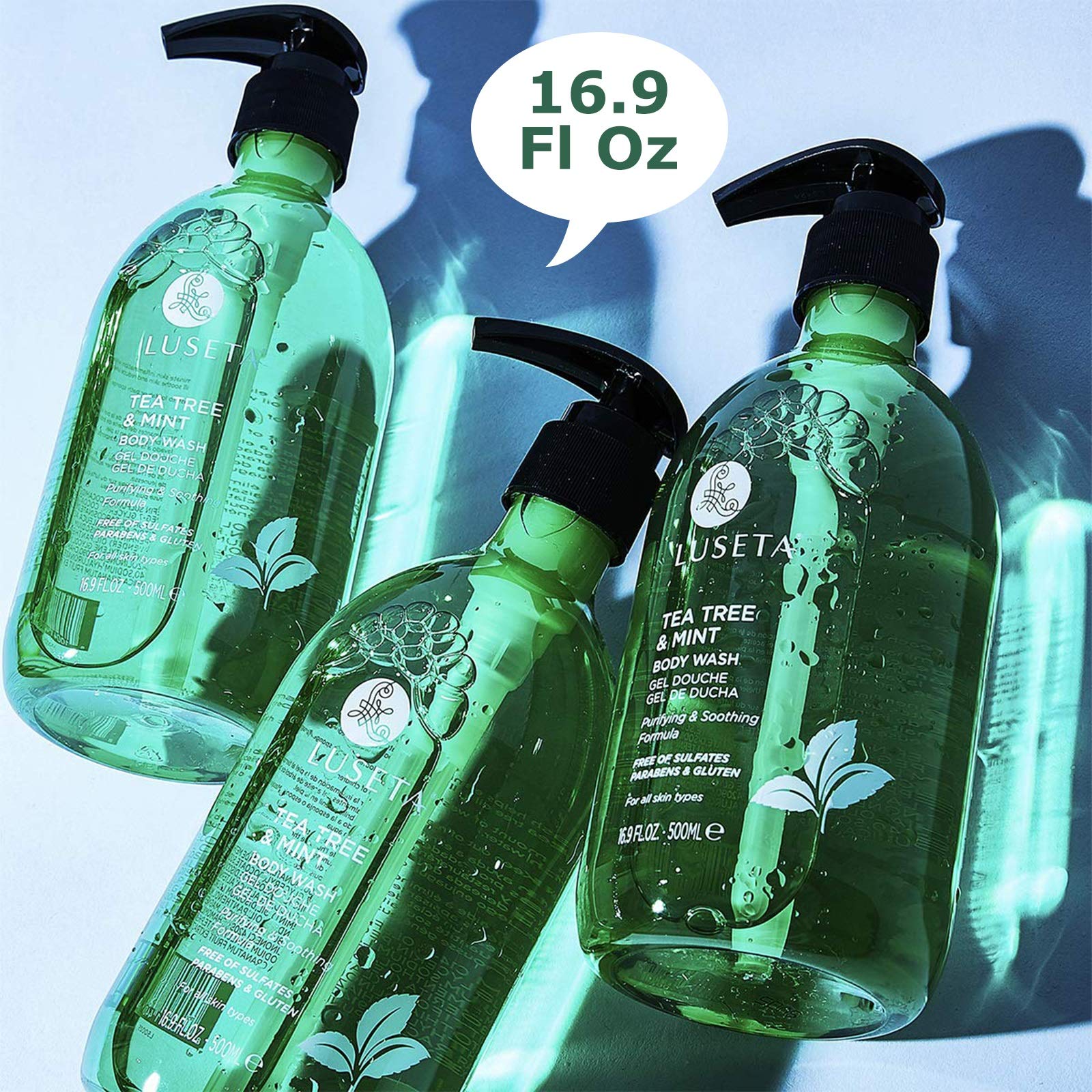 Luseta Tea Tree Oil Body Wash with Mint, Sulfate free, Helps Body Odor, Athlete's Foot, Jock Itch, Ringworm, Yeast Infections, Skin Irritations, Shower Gel for Women/Men 16.9oz