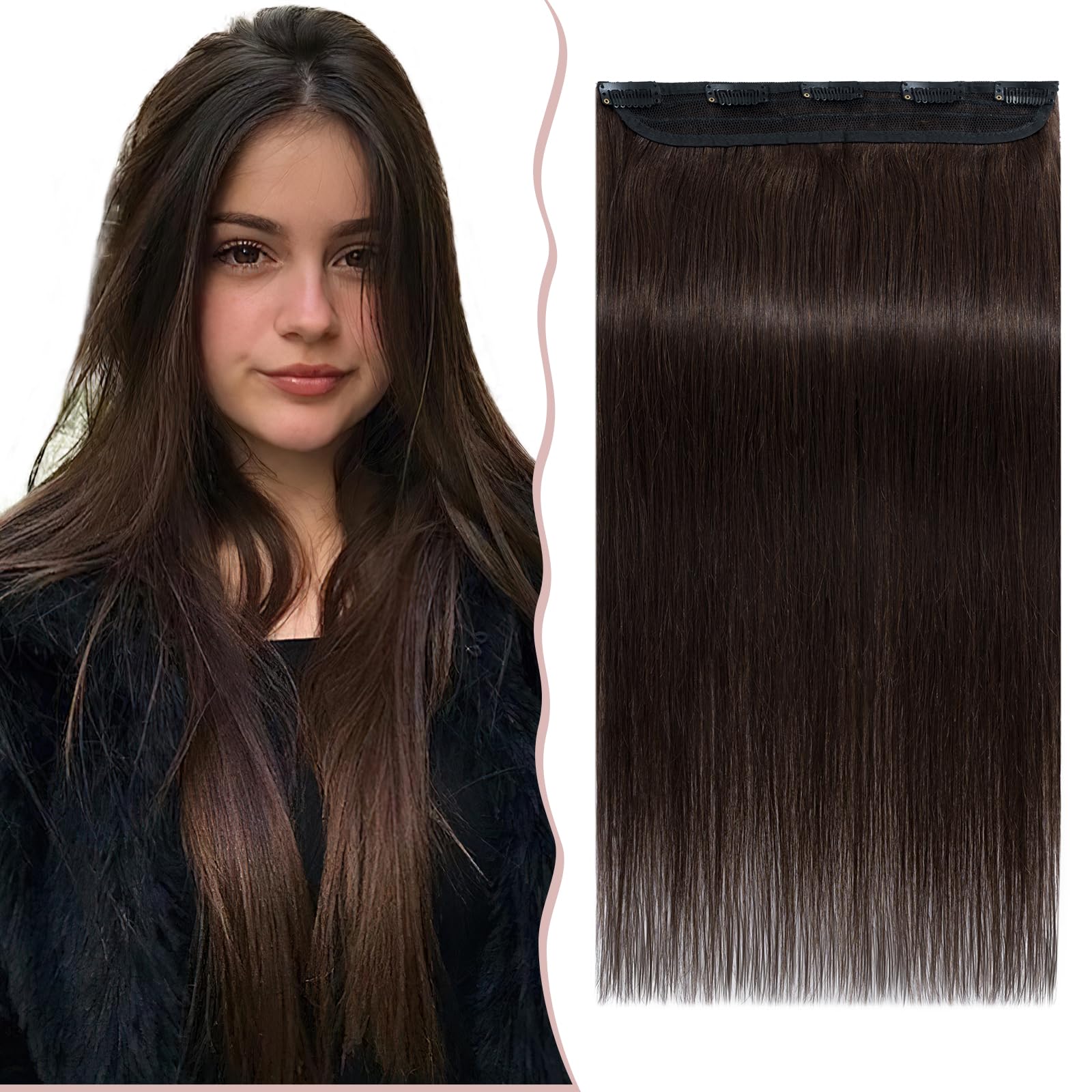 24 inch One Piece Clip in Remy Human Hair Extensions 3/4 Full Head Long Straight Real Natural Hairpieces for Women Invisible (60g,#2 Dark Brown) — image 1