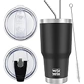 WETOWETO 30 oz Insulated Tumbler With 2 Lids and 2 Straws, Stainless Steel Double Vacuum Coffee Tumbler Cup, Powder Coated Travel Mug for Home, Office, Travel, Party (Black, 1 Pack)