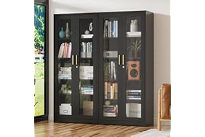 UNICOLY Display Cabinet with Glass Doors, Curio Cabinets with Locking Doors, Metal Glass Display Cabinet for Kitchen,Living Room 71” H, Assembly Required, Black