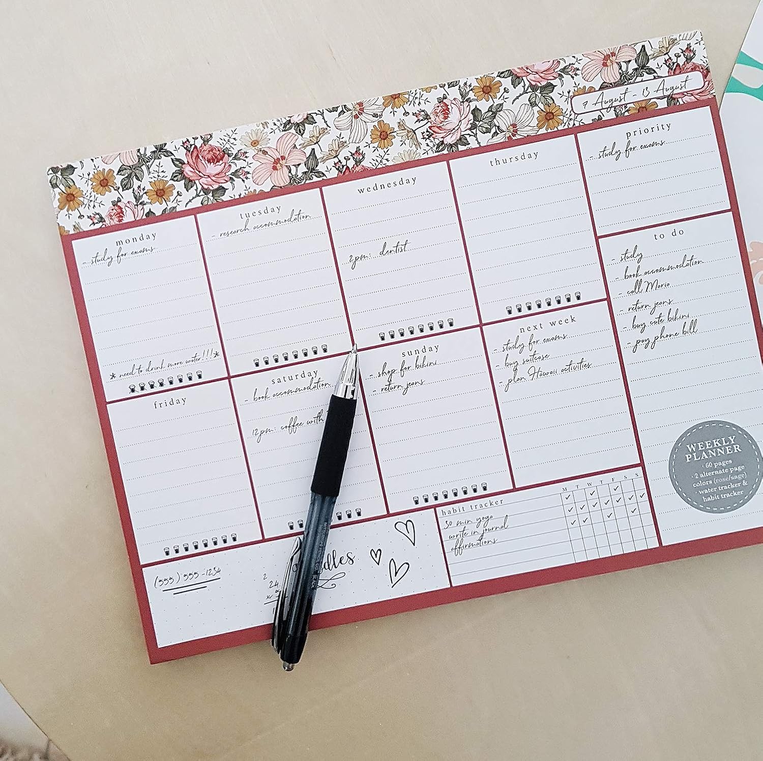 Undated Weekly Desk Planner Pad - 52 Pages Weekly Notepad with To Do List and Habit Tracker, Pink, 8.5 inches X 11 inches - Image 5