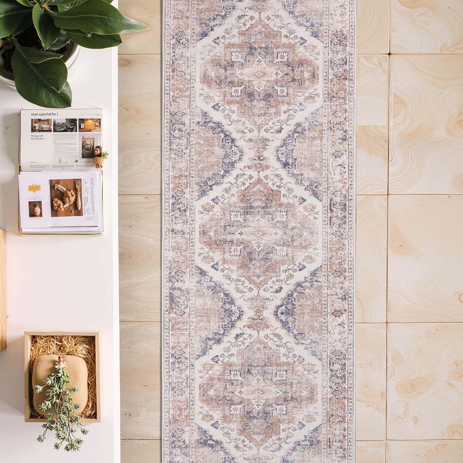 TOPICK Runner Rug 60x210cm Hallway Runner Washable Floral Light Red Kitchen Rug Thin Non Slip Carpet for Bathroom Bedroom Entrance