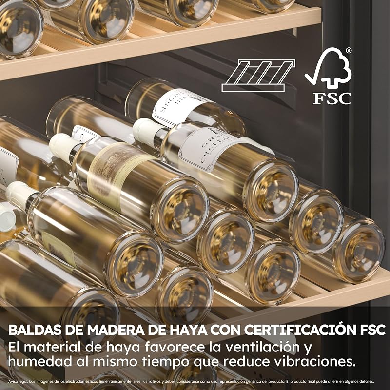 Wine Bank 50 Series 5 HWS32GDG Vinoteca de 32 Botellas, 2 Zonas Independientes, Estantes de Madera, Filtro Anti-UV, Sistema Antivibración, Display Digital, Iluminación LED, 37 dbA, Negra