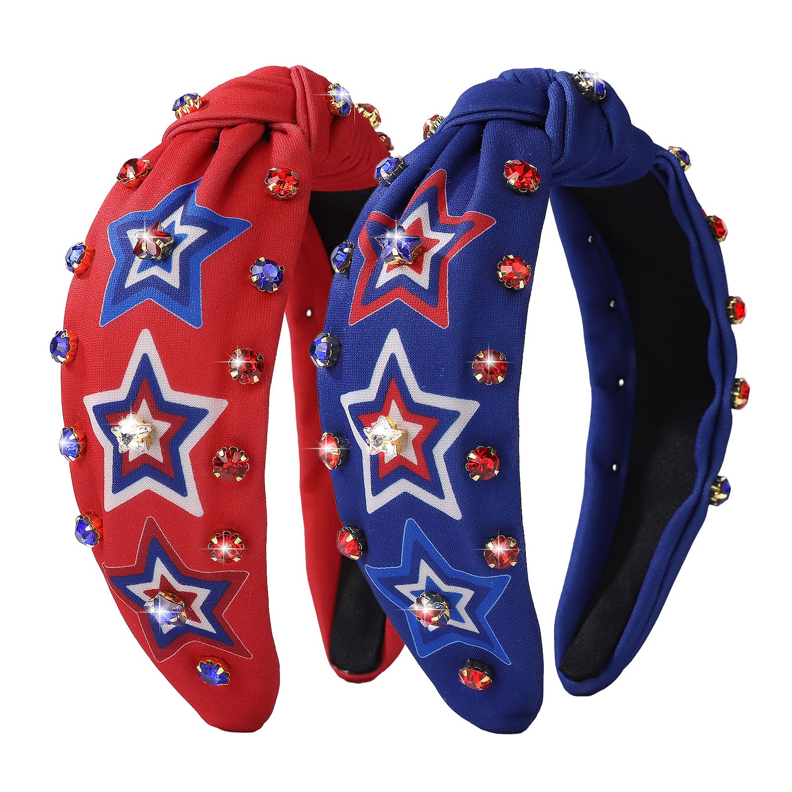 Photo 1 of 2 Pack 4th of July Headbands for Women Girls - Red Blue Patriotic Star Print Top Knot Hair Bands, Rhinestone Jeweled Independence Day Hair Accessories for USA Flag Party, Parade, BBQ, Holiday Outfit