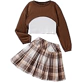 OYOANGLE Girl's 3 Piece Outfit Tank Top and Plaid Pleated Skirt with High Low Hem Crop Shirt Set