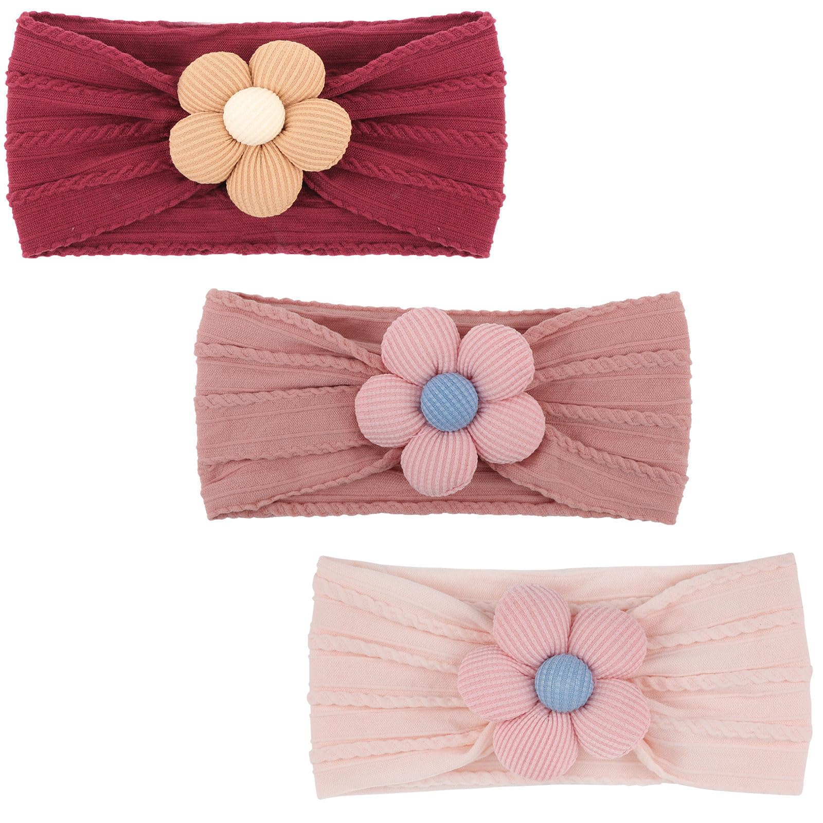 DRESHOW 3 Pack Girls Flower Headbands Stretchy Nylon Headbands Handmade Hair Accessories for Newborn Infant Toddlers Kids