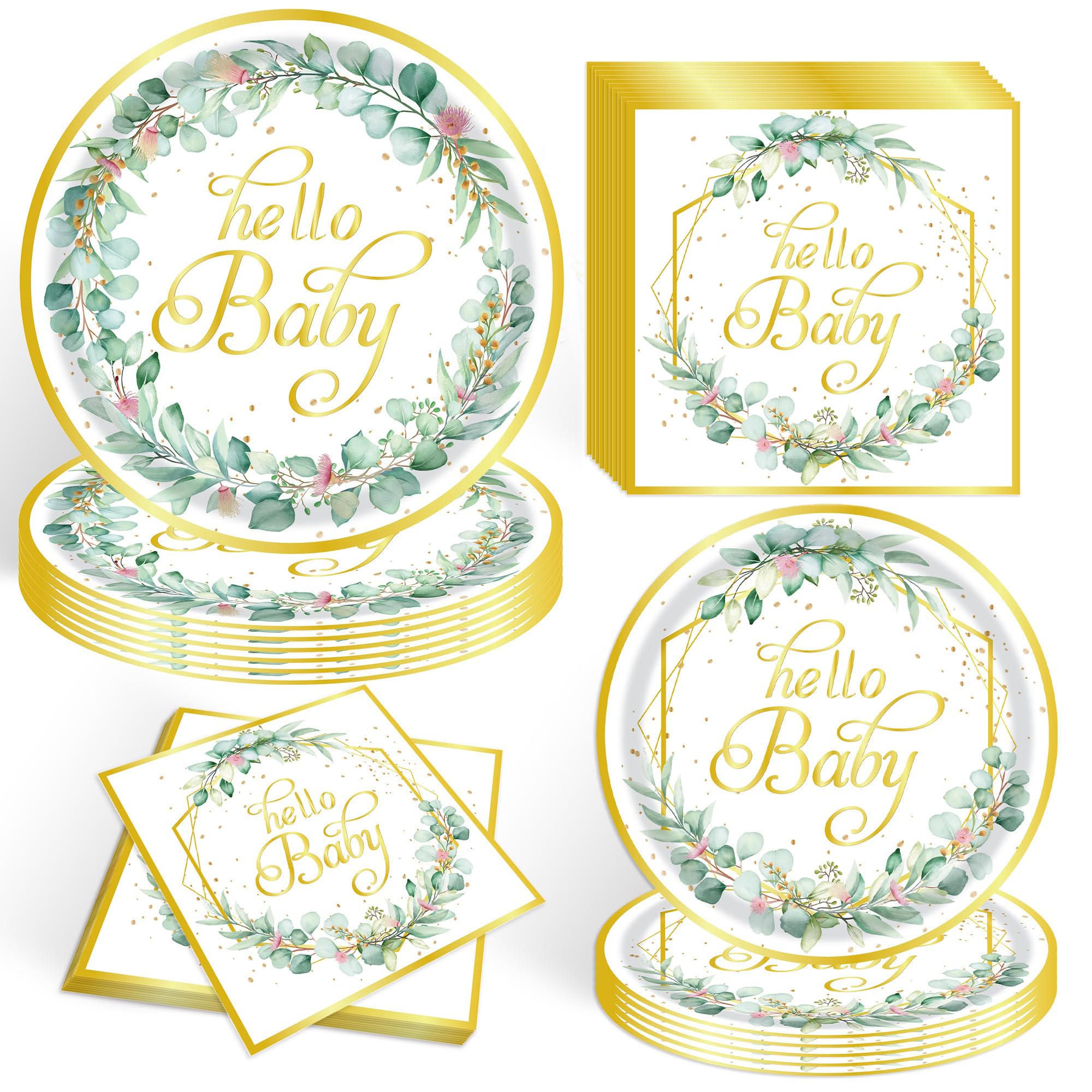52 PCS Sage Greenery Hello Baby Tableware Set, Green Gold Eucalyptus Leaf Baby Shower Plates and Napkins Sets for Baby Girl Boy Neutral Baby Shower Party Decorations Supplies