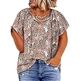 Eytino Women Plus Size Tops Boho Printed V Neck Short Sleeve Drawstring Casual Chiffon Shirts Blouse(1X-5X)