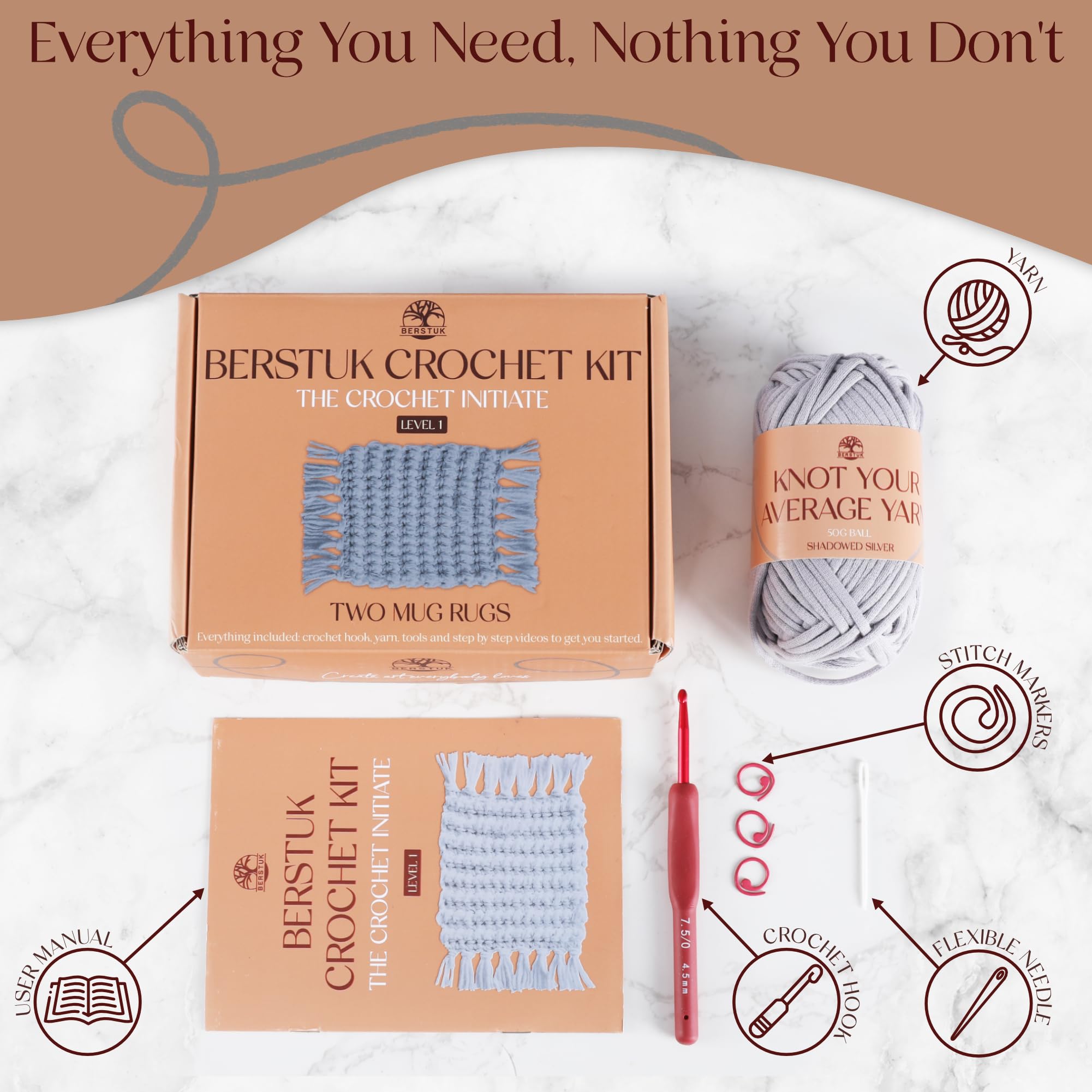 Level 1 Absolute Beginner Crochet Kit for Adults - Crochet Starter Kit Beginner for Adults - Learn to Crochet with Expert Video Tutorials - Perfect DIY Gift