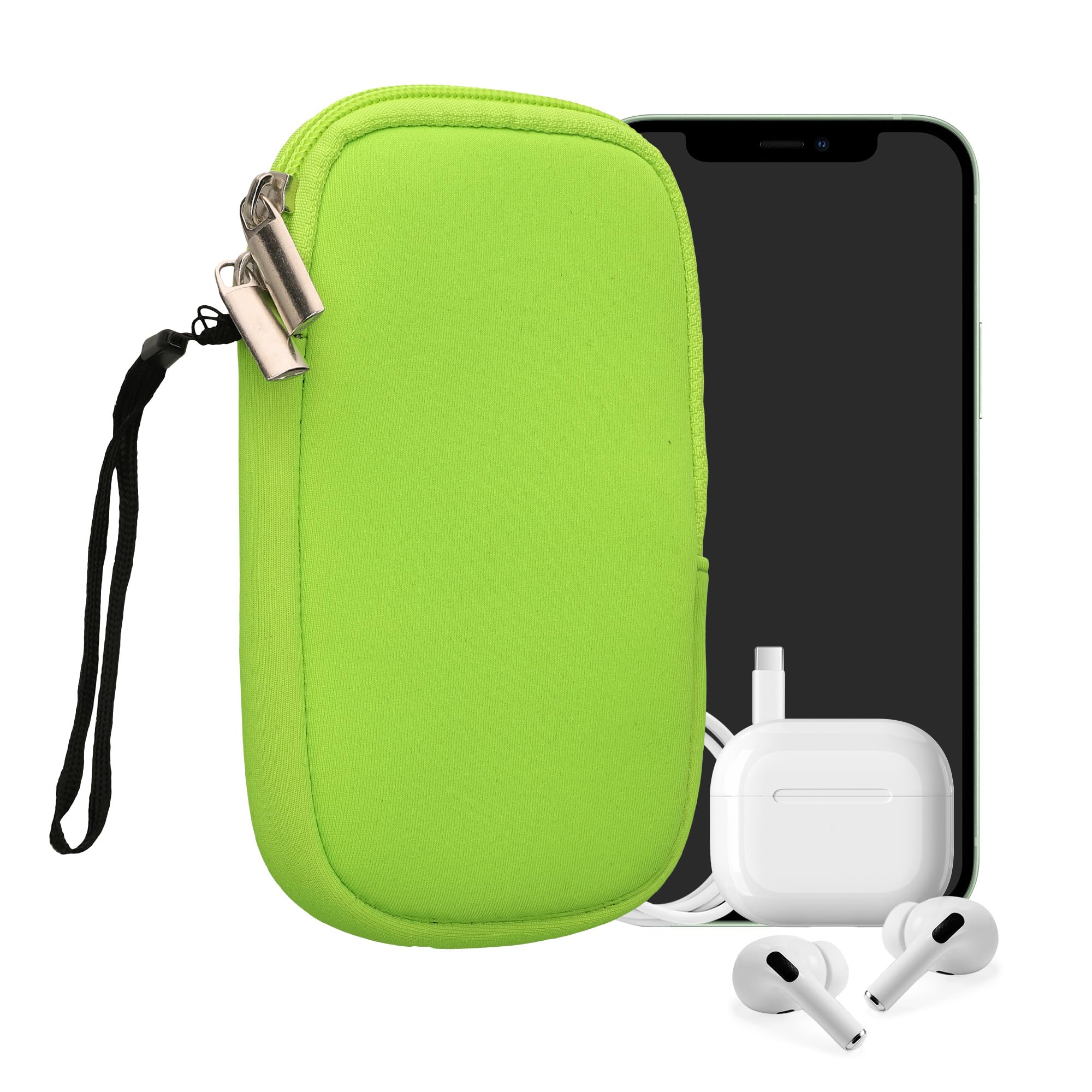 kwmobile Neoprene Phone Pouch Size M - 5.5" - Universal Cell Sleeve Mobile Bag with Zipper, Wrist Strap - Neon Green