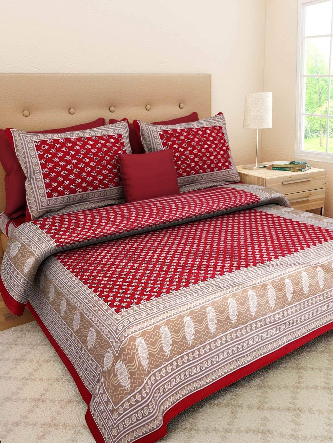 Monik Handicrafts Cotton 144 TC Bedsheet (Red_Standard)