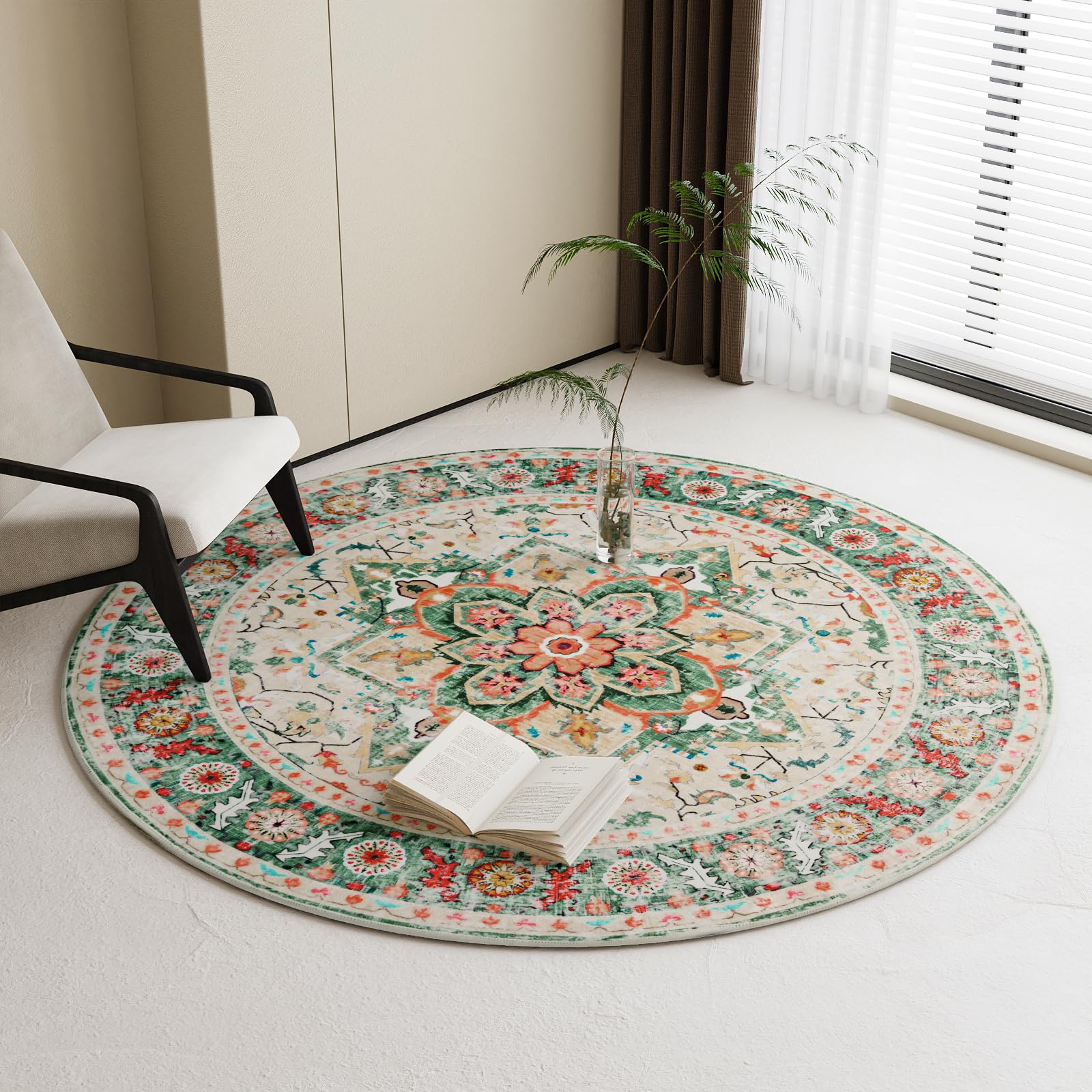 Photo 1 of Round Rug for Living Room 5Ft Round Washable Rug Boho Small Circle Kitchen Area Rug Non Slip Low Pile Circular Rugs Soft Round Carpet for Bedroom, Office, Kitchen Entryway, Bathroom (Cream/Green)