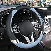 Binsheo Cute Steering Wheel Cover for Women Men Leather Universal 15 inch,Black and Blue