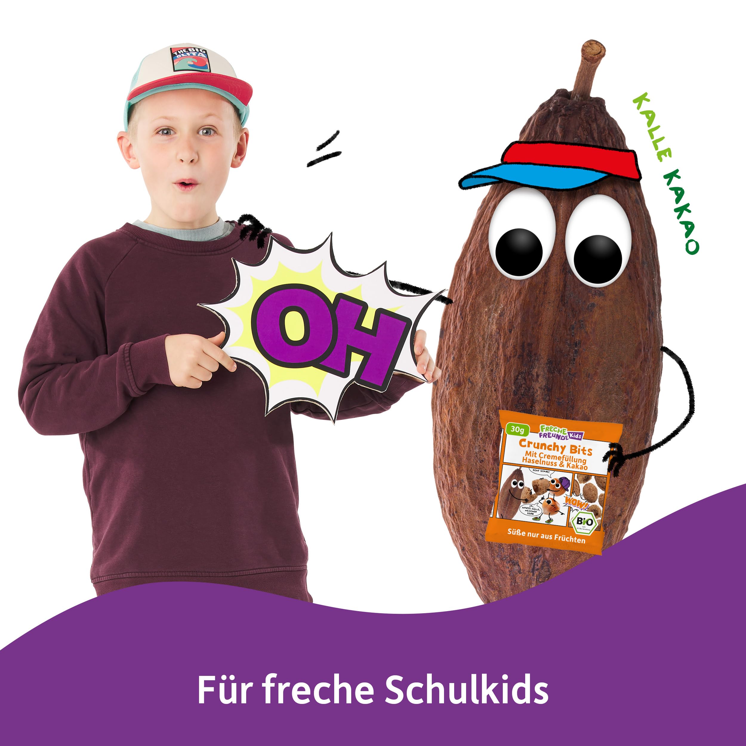 FRECHE FREUNDE Crunchy Bits Haselnuss & Kakao, Bio Knusperhäppchen mit Cremefüllung, vegan, ohne Palmfett & Aromastoffe, ohne Zucker, ideal als knuspriger Snack für Kinder, 11er Pack (11 x 30g) 6