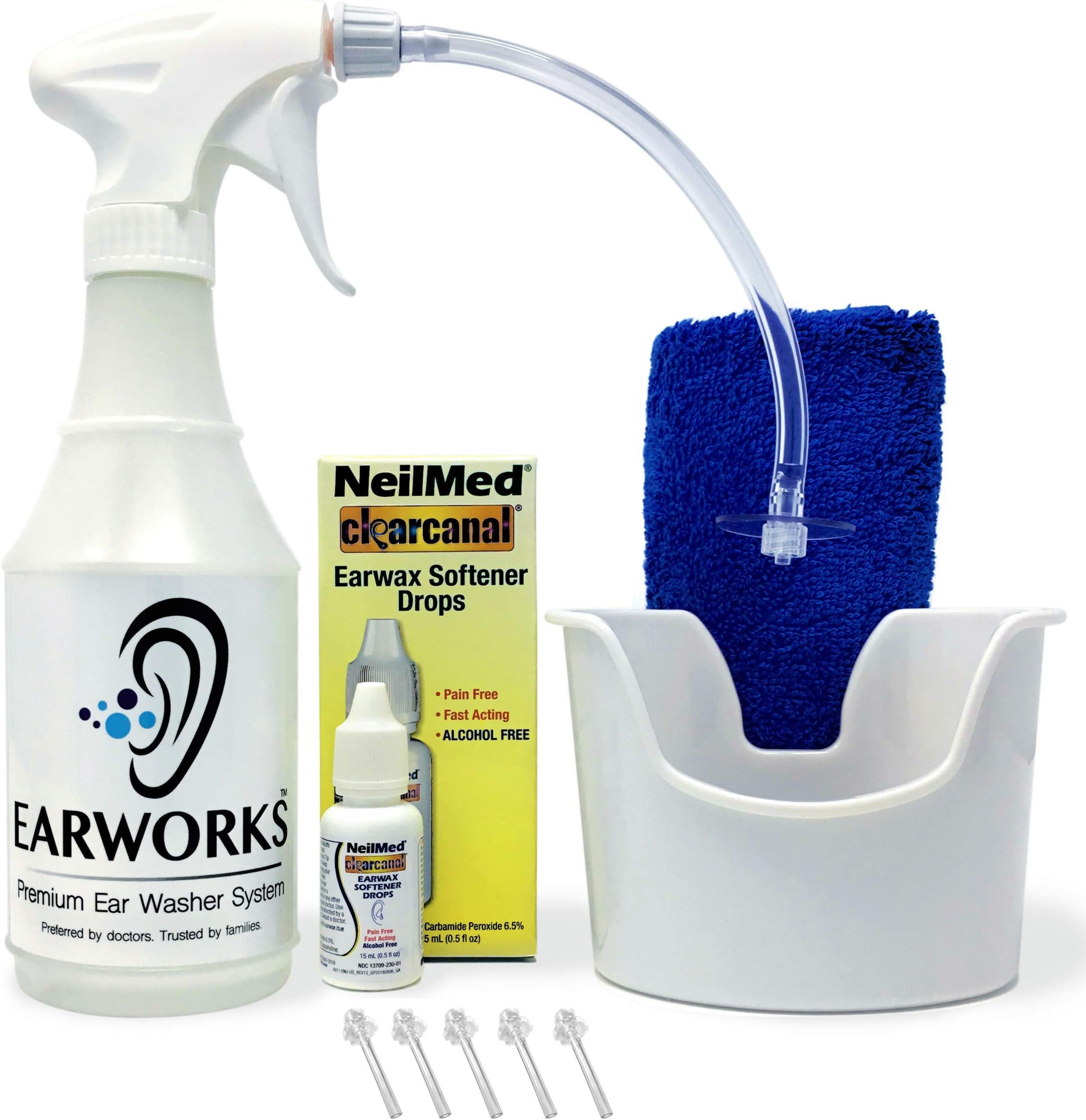 Ear Washer Bottle System, Earwax Remover, EarWorks Kit Includes: Earwax Softener Drops, Towel, Ear Basin, 5 Disposable Tips, Ear Irrigation, Earwax Removal Tool, Ear Cleaning Kit, Ear Washer Kit
