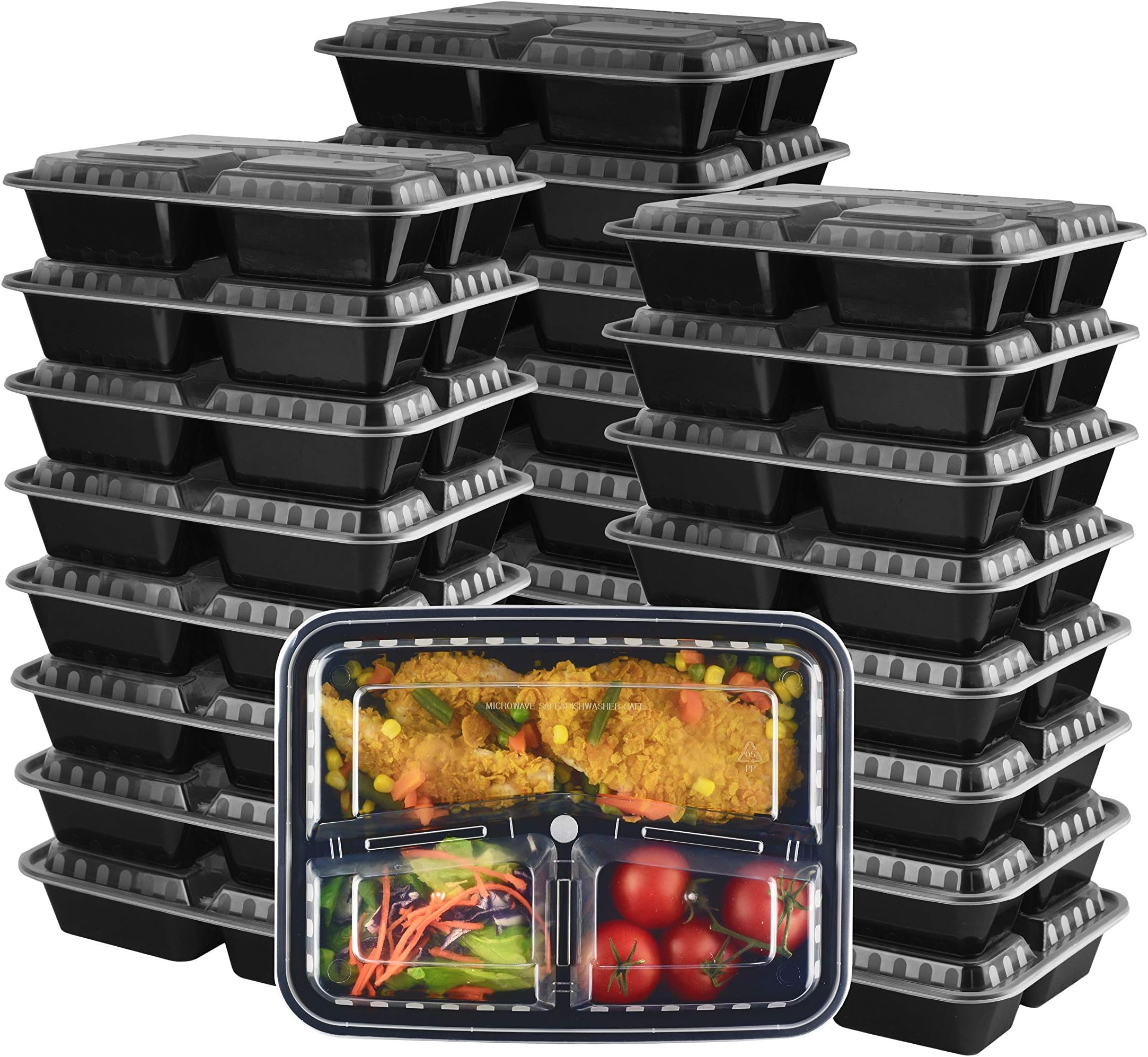 NYHI (25 Pack - 32 Oz.) 3 Compartment Meal Prep Storage Containers with Locking Lid | Heavy Duty Freezer, Dishwasher Safe, Microwavable Bento Box | Premium BPA-Free, Odor-Free Plastic Lunch Container