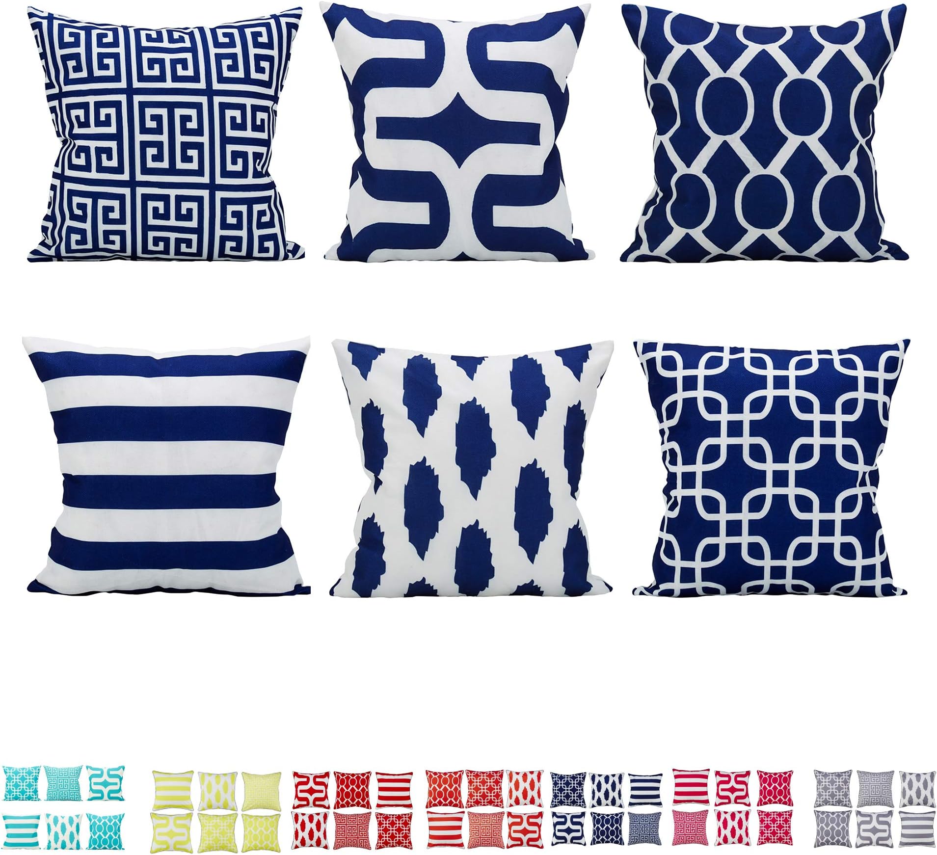 Comoco Set of 6 Coordinated Geometric Digital Printing Decorative Throw Pillow Case Cushion Cover 18" x 18" 45cm x 45cm-NavyBlue