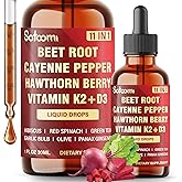 11in1 Beet Root Liquid Drops Supplement with Formula with D3, K2, Hawthorn, Red Spinach, Garlic & Green Tea and More - Supports Immune & Vitality - 1 FL Oz - for 60 Days