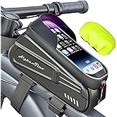 Alphantino Bike Phone Holder Bag - Waterproof Bicycle Frame Bag Hard Case Large Capacity Top Tube Front Frame Cycling Mount Accessories Pouch, TPU Touch-Screen & Sun-Visor (Red Zipper)