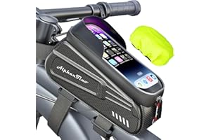 Alphantino Bike Phone Holder Bag - Waterproof Bicycle Frame Bag Hard Case Large Capacity Top Tube Front Frame Cycling Mount Accessories Pouch, TPU Touch-Screen & Sun-Visor (Red Zipper)