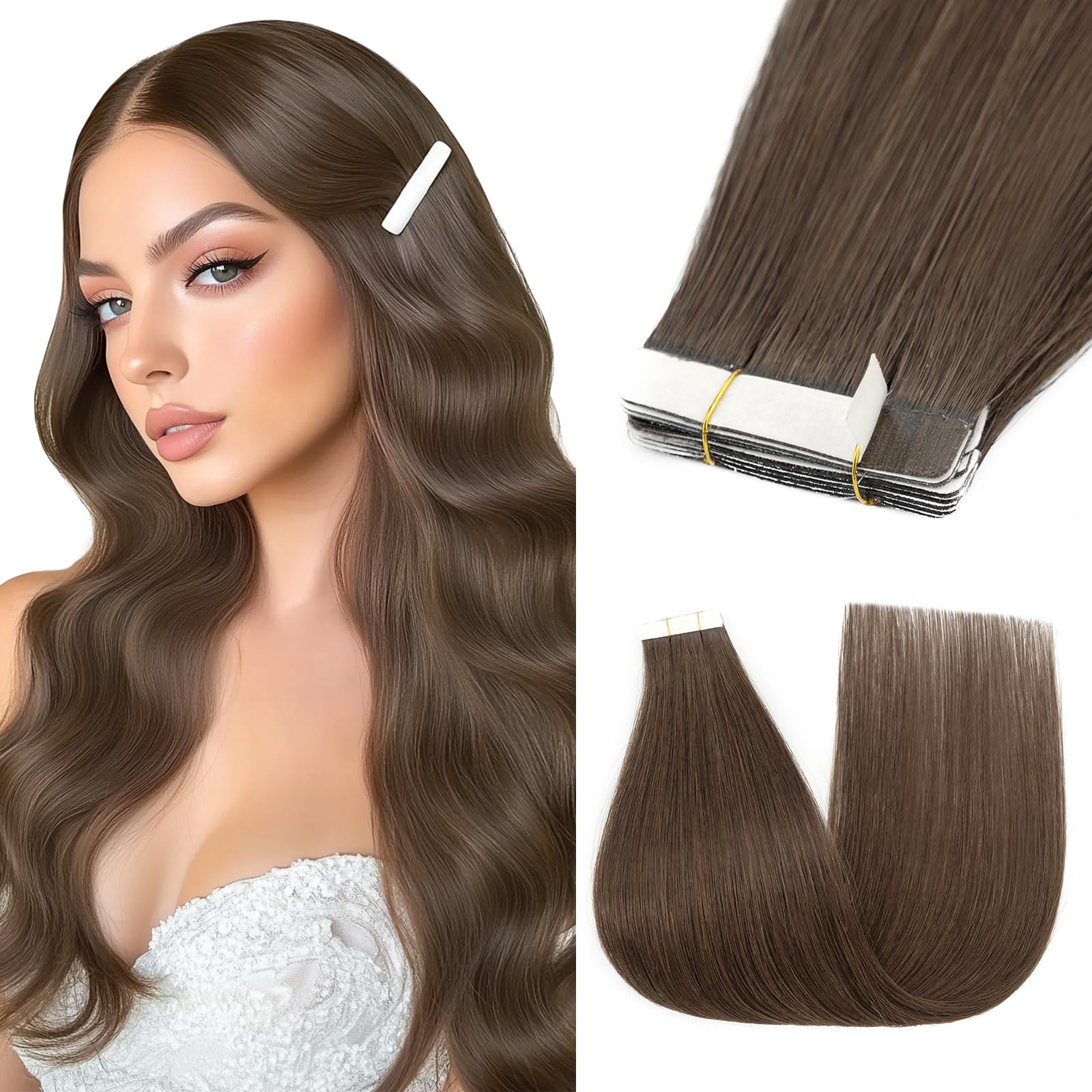Silk-co Tape Extensions, Real Hair, Pack of 10, Remy Tape-In Extensions, Skin Weft Real Hair Extensions, Tape Glue, 20 g, 30 cm, Dark Brown
