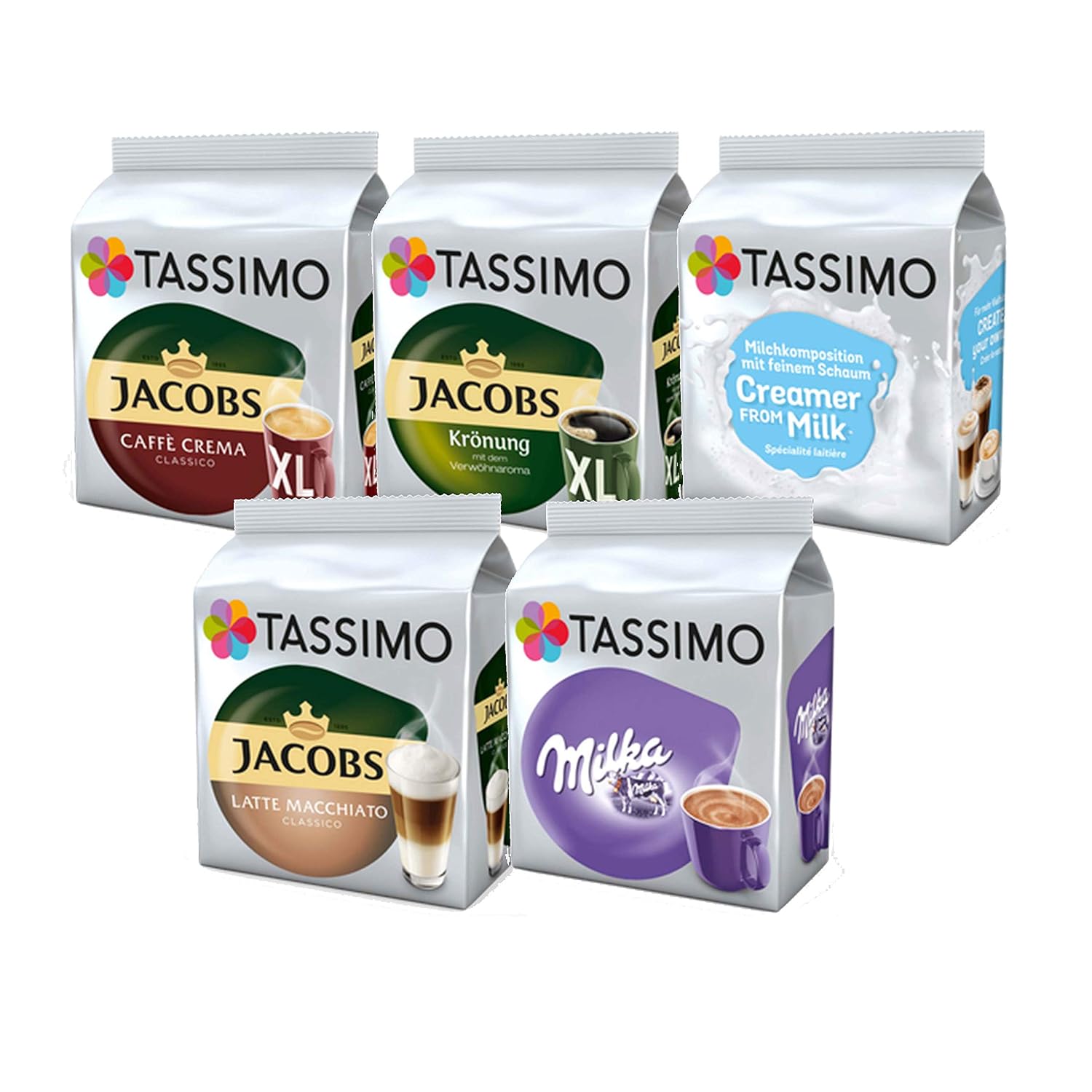 Tassimo Jacobs Café Crema / Krönung / Milka Kaffee Kapseln (5er Pack , 64 Getränke)