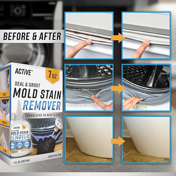 ACTIVE MOLD STAIN REMOVER GEL CLEANER HEAVY DUTY STAIN CLEANER FOR FRONT LOADER WASHING MACHINE SEAL, BATHROOM GROUT, SHOWER, CAULK – FRONT LOAD WASHER CLEANING SOLUTION – 7 FL OZ