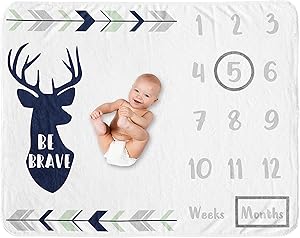 Sweet Jojo Designs Woodland Deer Boy Milestone Blanket Monthly Newborn First Year Growth Mat Baby Shower Memory Keepsake Gift Picture - Navy Blue, Mint and Grey Woodsy Forest Arrow Be Brave