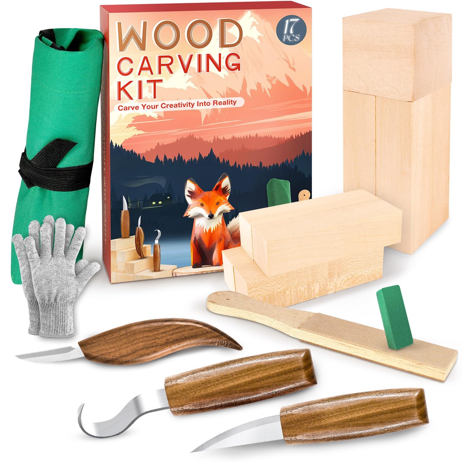 Photo 1 of Wood Carving Kit, Whittling Kit for Beginners 17PCS Wood Carving Tools with 3PCS Whittling Knife 9PCS Basswood Blocks & Gloves & Strop Block & Polishing Compound Wood Carving Set Hobbies for Adults