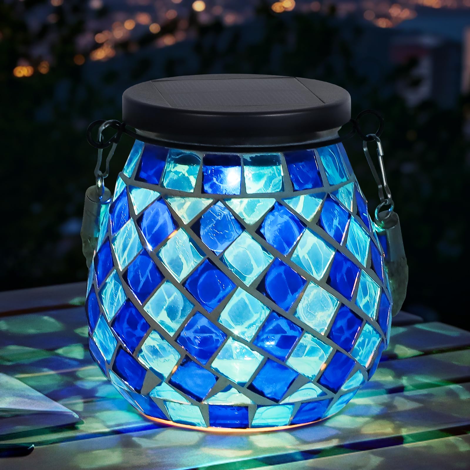 Mosaic Solar Lanterns Lights Outdoor: IP65 Outdoor Waterproof Hanging Tabletop Decorative Table Lamps for Patio Porch Lawn Garden Yard, 2 LED Warm White and RGB - Rhombic