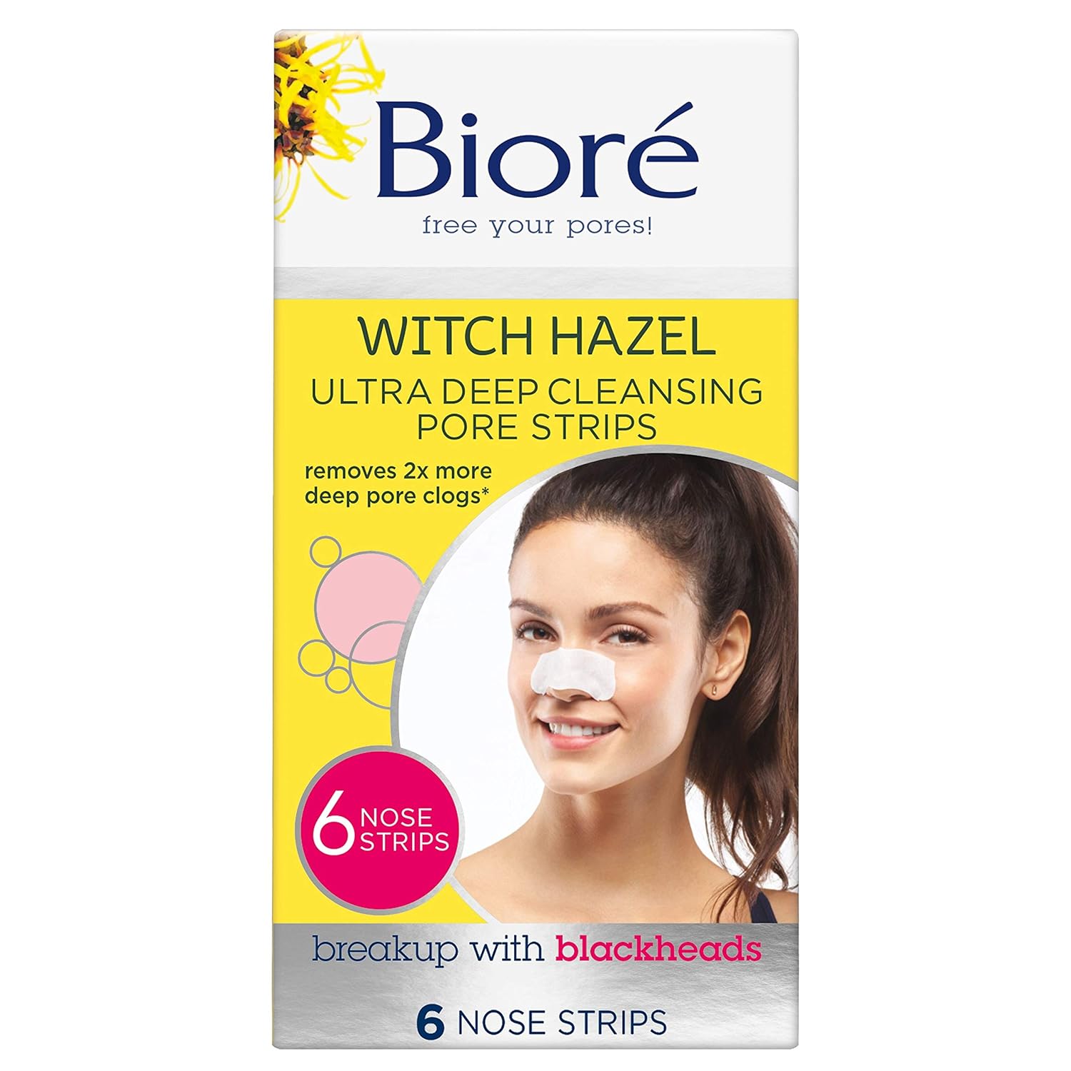 Bioré Witch Hazel Ultra Cleansing Pore Strips, 6 Nose Strips, Clears Pores up to 2x More than Original Pore Strips, features C-Bond Technology, Oil-Free, Non-Comedogenic Use (Packaging May Vary): Beauty