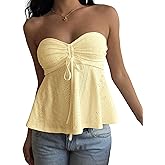 AKLOPVII Women Y2k Vintage Yellow Eyelet Ruched Crop Tube Tops Cute Strapless Drawstring Tie Flared Bandeau Going Out