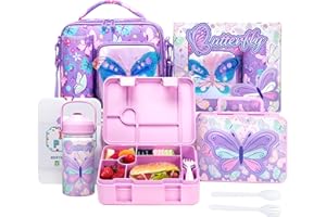 ORUIJI Butterfly Lunch Box for Girls Bento Box for Kids with Lunch Bag,Stainless Steel Water Bottle,Ice Pack Set Birthday Gifts for Ages 3-12 Back to School Toddler Girls