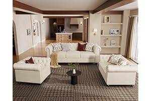 Morden Fort 3 Piece Classic Chesterfield 6-Seater Set, Tufted Chair & Loveseat & Sofa Solid Wood Legs Thick Cushion, Pet-Friendly Couch Set Furniture for Living Room Bedroom Apartment, Velvet Beige
