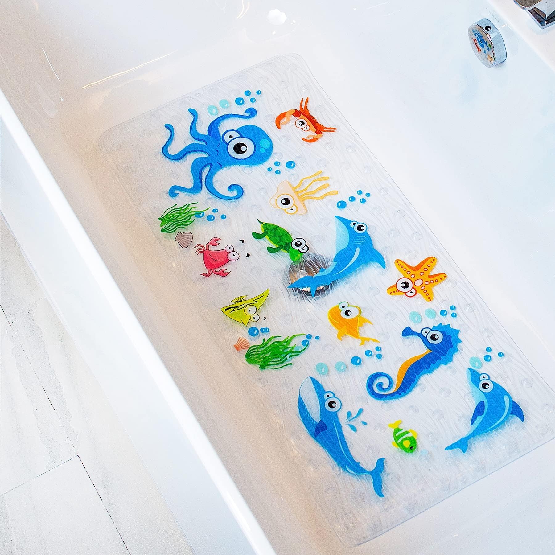 BEEHOMEE Bath Mats for Tub - Large Cartoon Non-Slip Bathroom Bathtub Mat Anti-Slip Shower Mats for Floor 89 X 38 CM,Machine Washable XL Size Bathroom Mats(Blue-Octopus ZY)