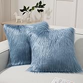 Phantoscope Pack of 2 Faux Fur Throw Pillow Covers Cushion Covers Luxury Soft Decorative Pillowcase Fuzzy Pillow Covers for Bed/Couch, Blue 18 x 18 Inches