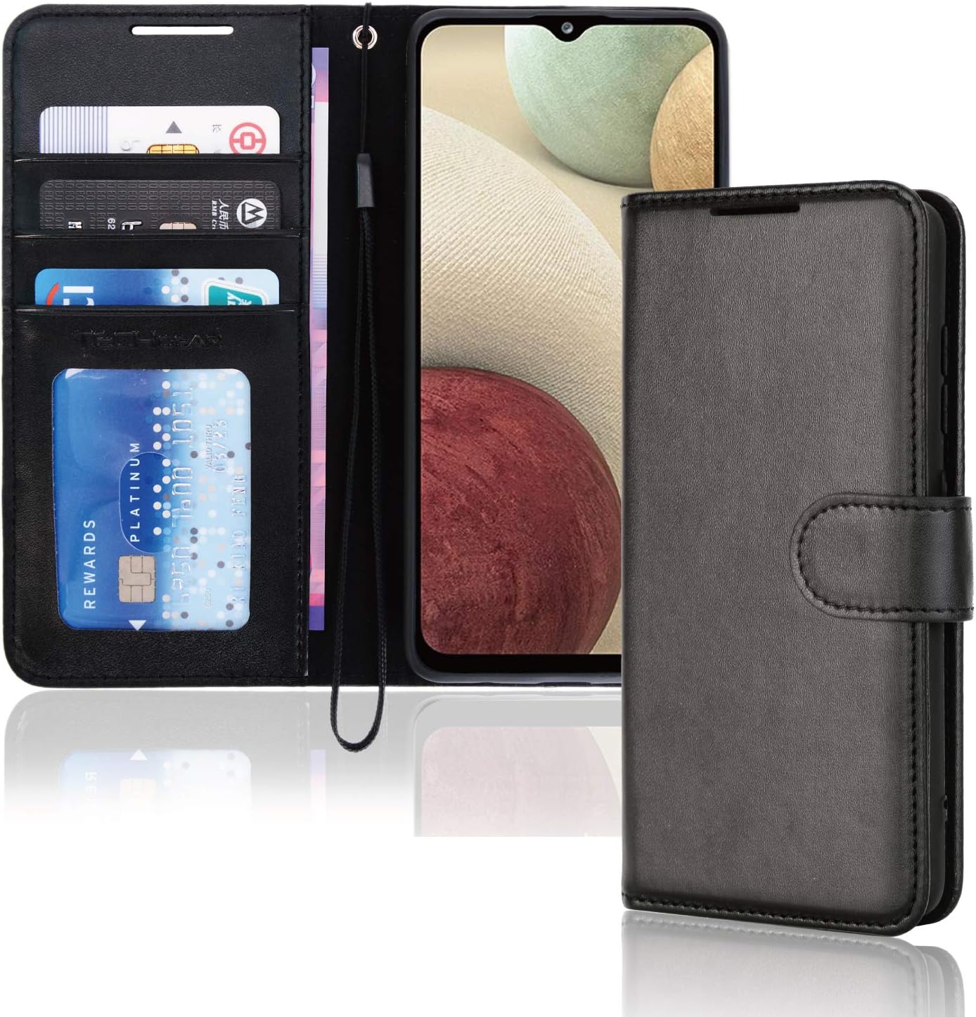 TECHGEAR Galaxy A12 / M12 Leather Wallet Case, Flip Protective Case Cover with Wallet Card Holder, Stand and Wrist Strap