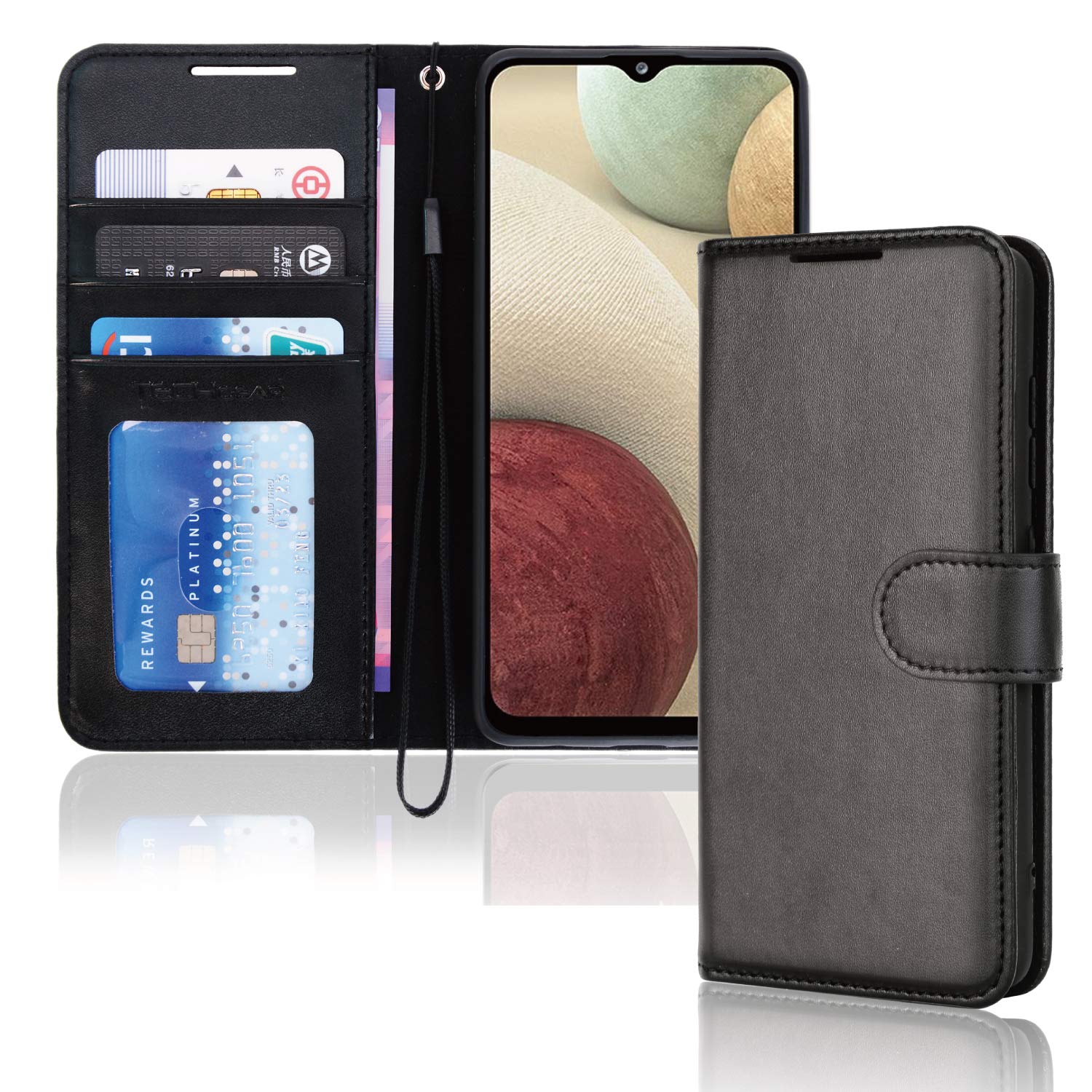 TECHGEAR Galaxy A12 / M12 Leather Wallet Case, Flip Protective Case Cover with Wallet Card Holder, Stand and Wrist Strap - Black PU Leather with Magnetic Closure Designed For Samsung Galaxy A12 & M12