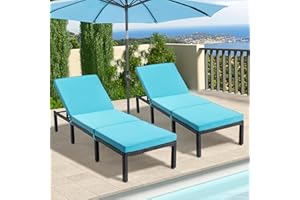 ECOTOUGE Outdoor Chaise Lounge Set of 2, PE Wicker Pool Lounge Chairs with 5-Position Adjustable Backrest & Removable Cushion, Patio Reclining Chaise Chair for Deck & Poolside, Blue