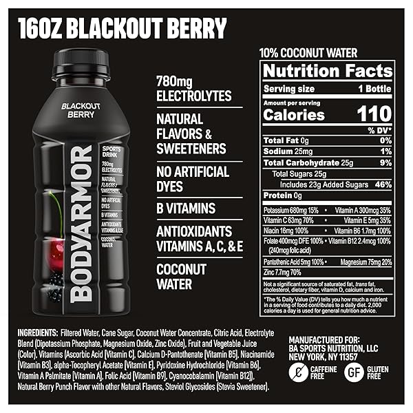 BODYARMOR SPORTS DRINK, BLACKOUT BERRY, ELECTROLYTE DRINK HYDRATION, 16 FL OZ BOTTLES (12 PACK), FLAVORED COCONUT WATER WITH B VITAMINS & ANTIOXIDANTS