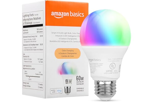 Amazon Basics Smart A19 LED Light Bulb, 2.4 GHz Wi-Fi, 7.5W (Equivalent to 60W) 800LM, Works with Alexa Only, 1-Pack, Multicolor