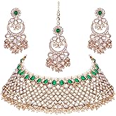 Aheli Exquisite Kundan Pearl Stones Indian Traditional Ethnic Wedding Necklace Earrings with Maang Tikka Set Bollywood Party Statement Jewelry Gift for Women