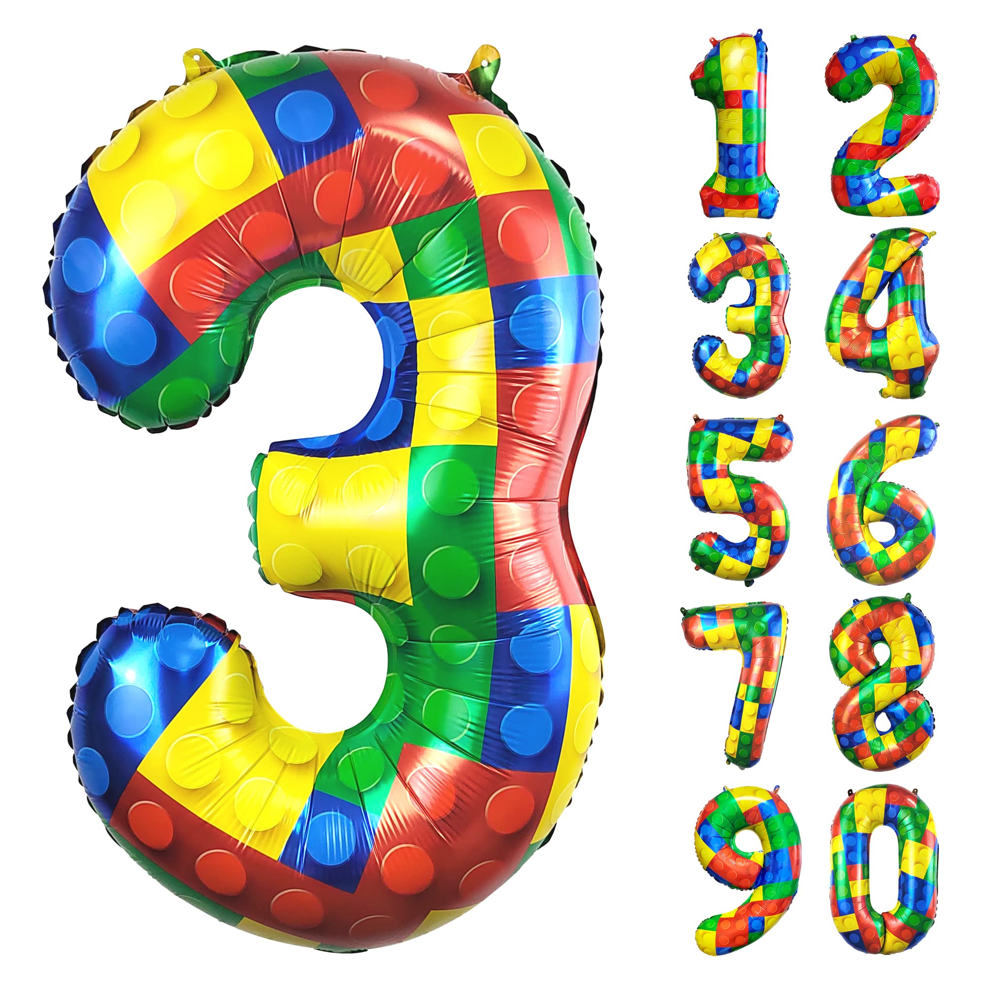 32 Inch Building Block Number 3 Balloons 3 year old Large Big Helium Foil Mylar Balloon for Girls Boys 3rd Birthday Party Decoration Supplies