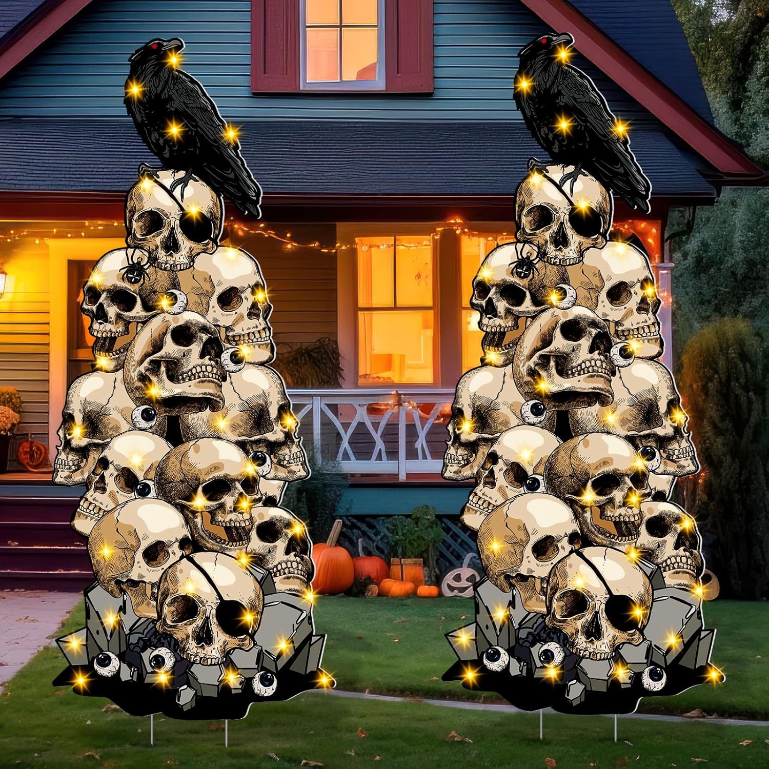 Yard Signs - 2 Pieces LED Halloween Skeleton Yard Signs with Stakes 39 Inch Large Skull Crow Yard Decorations Scary Skeleton Lawn Stakes