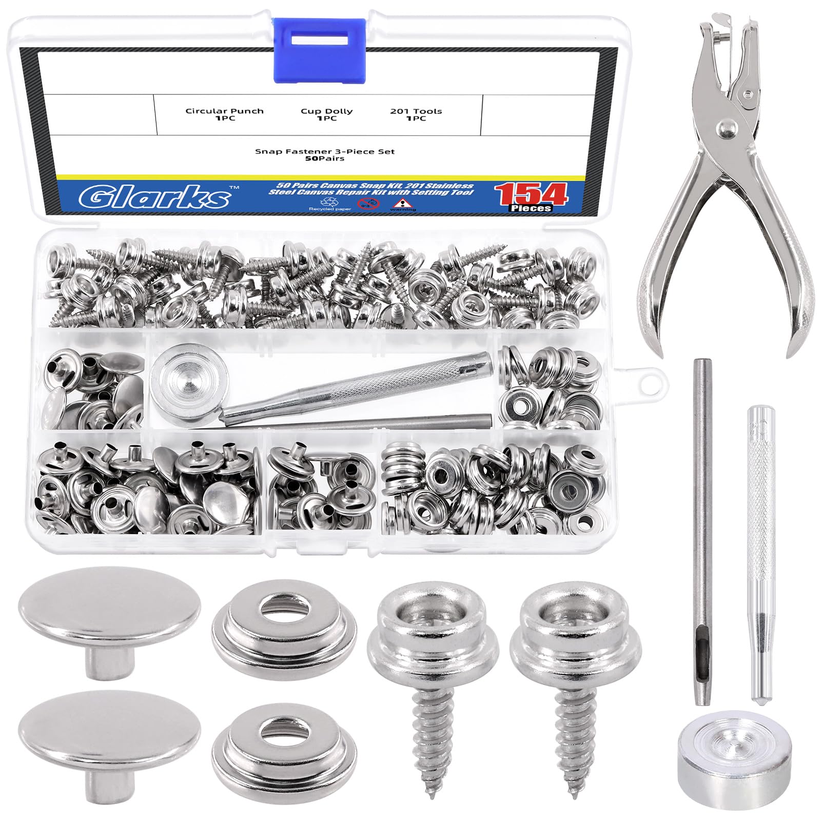 Glarks 154pcs Canvas Snap Kit with Setting Tool, 3/8" Stainless Steel Marine Grade Boat Snap Buttons Press Stud Cap Leather Fasteners for Canvas, Tarpaulins, Tents